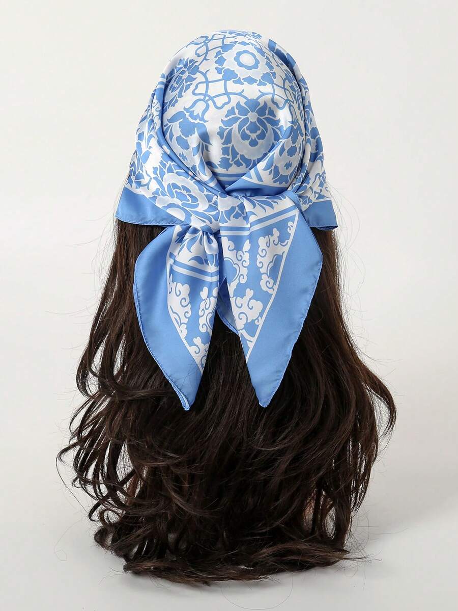 1 chiếc khăn vuông in họa tiết đơn giản 70cm, khăn bandana mùa xuân mới cho nữ, đa năng dùng làm khăn thắt eo, băng đô, khăn quàng cổ thời trang. - Xanh và trắng - Xem 1