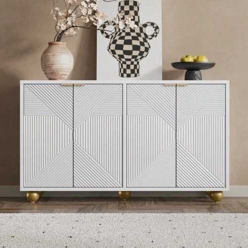 Sideboard With Four Molded Doors, Adjustable Interior Shelves, Metal Handles And Ball-Shaped Legs. - 白色 - 查看 1