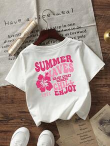 Baby Girls' Minimalist Floral & Letter Print Round Neck Short Sleeve Cute Top - White - View 3