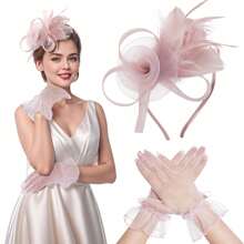Bộ 2 món gồm mũ cài tóc Fascinator, găng tay ren, lông vũ, mũ dự tiệc trà, cocktail và khăn voan cưới, phụ kiện trang phục cho nữ. - màu hồng khỏa thân - Xem 4