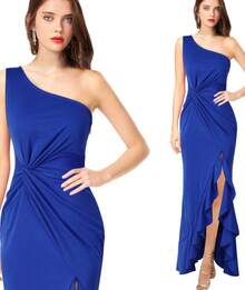 Women's Summer Ruffled Hem Floor Length Evening Dress Large Slit Solid Color  Elegant Party Cocktail Dress - 紅色 - 查看 11