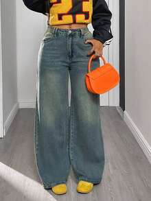 Quần jeans nữ ống rộng tối giản, có túi cài phía trước, thích hợp cho kỳ nghỉ xuân. - Màu xanh cổ điển - Xem 3