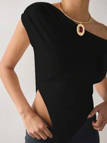 Gym Wear Women Gym Top Black Top Jersey Knit Asymmetric Off-The-Shoulder Poncho Gym Tops For Women - Black - View 3