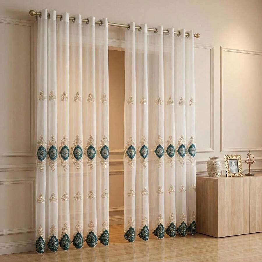 1pc European Style Elegant Tulle Embroidered Sheer Curtain - Dark Green - View 1