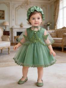0-2岁女婴三件套蕾丝连衣裙套装，白色洗礼服，适合派对穿着 - 綠色 - 查看 2