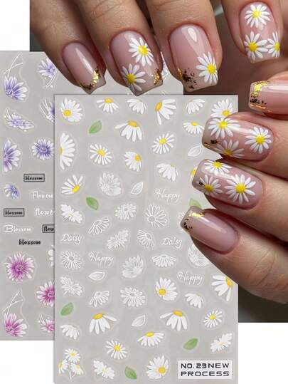 2片装 3D白色雏菊美甲贴纸 粉色紫色雏菊花瓣 春夏3D自粘贴纸 DIY Y2K滑块美甲装饰 美甲配件工具 美甲用品