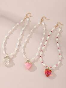 Collar con colgante de fresa de colores, diseño de cuentas de perlas y cristal, joyería exquisita para niñas, regalo de fiesta - Multicolor - Ver 1