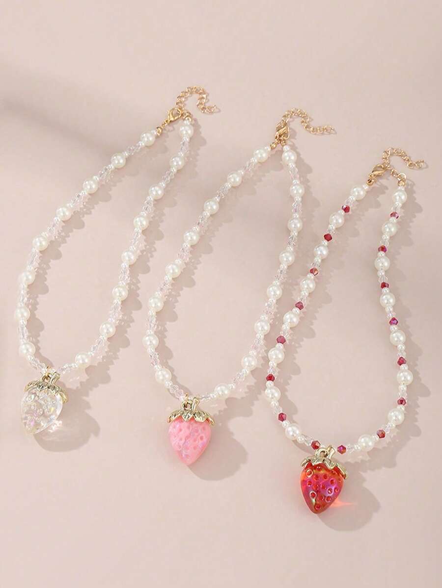 Collar con colgante de fresa de colores, diseño de cuentas de perlas y cristal, joyería exquisita para niñas, regalo de fiesta - Multicolor - Ver 1