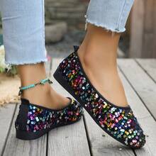 女士春秋季亮片软底低帮乐福鞋，百搭舒适平底莫卡辛鞋 - 黑色 - 查看 5