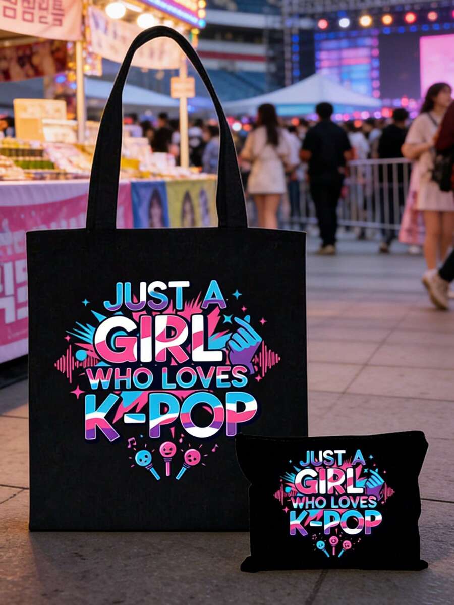 帆布手提袋，印有“Just A K-Pop Lover Girl”字样，大容量K-Pop粉丝单肩包，粉丝周边礼品，通勤购物袋，可折叠休闲杂货袋，适合音乐爱好者，适用于旅行、演唱会、粉丝活动、派对、工作、日常使用，粉丝礼物，韩剧粉丝的理想生日礼物，大学生，偶像周边，节日礼物，演唱会礼物
