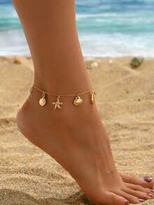 1pc Women's Beach Vacation Style Metal Anklet, European And American Ocean Element Pendant, Versatile Personalized Foot Chain - Yellow Gold - View 2
