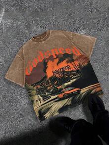 Break The SystemMen's Washed Vintage Crewneck T-Shirt, 100% Cotton 180GSM, Godspeed Highway Car Print, Retro Faded Style, American Streetwear, Summer Outfit, For Daily Commute, Streetwear, Music Festivals, Friends Gatherings, Valentine's Day Gift For BoyfriendRound Neck Loose Fit T-Shirt - Cà phê nâu - Xem 1