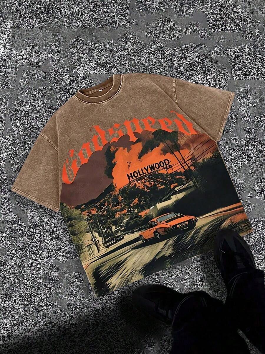 Break The SystemMen's Washed Vintage Crewneck T-Shirt, 100% Cotton 180GSM, Godspeed Highway Car Print, Retro Faded Style, American Streetwear, Summer Outfit, For Daily Commute, Streetwear, Music Festivals, Friends Gatherings, Valentine's Day Gift For BoyfriendRound Neck Loose Fit T-Shirt - Cà phê nâu - Xem 1