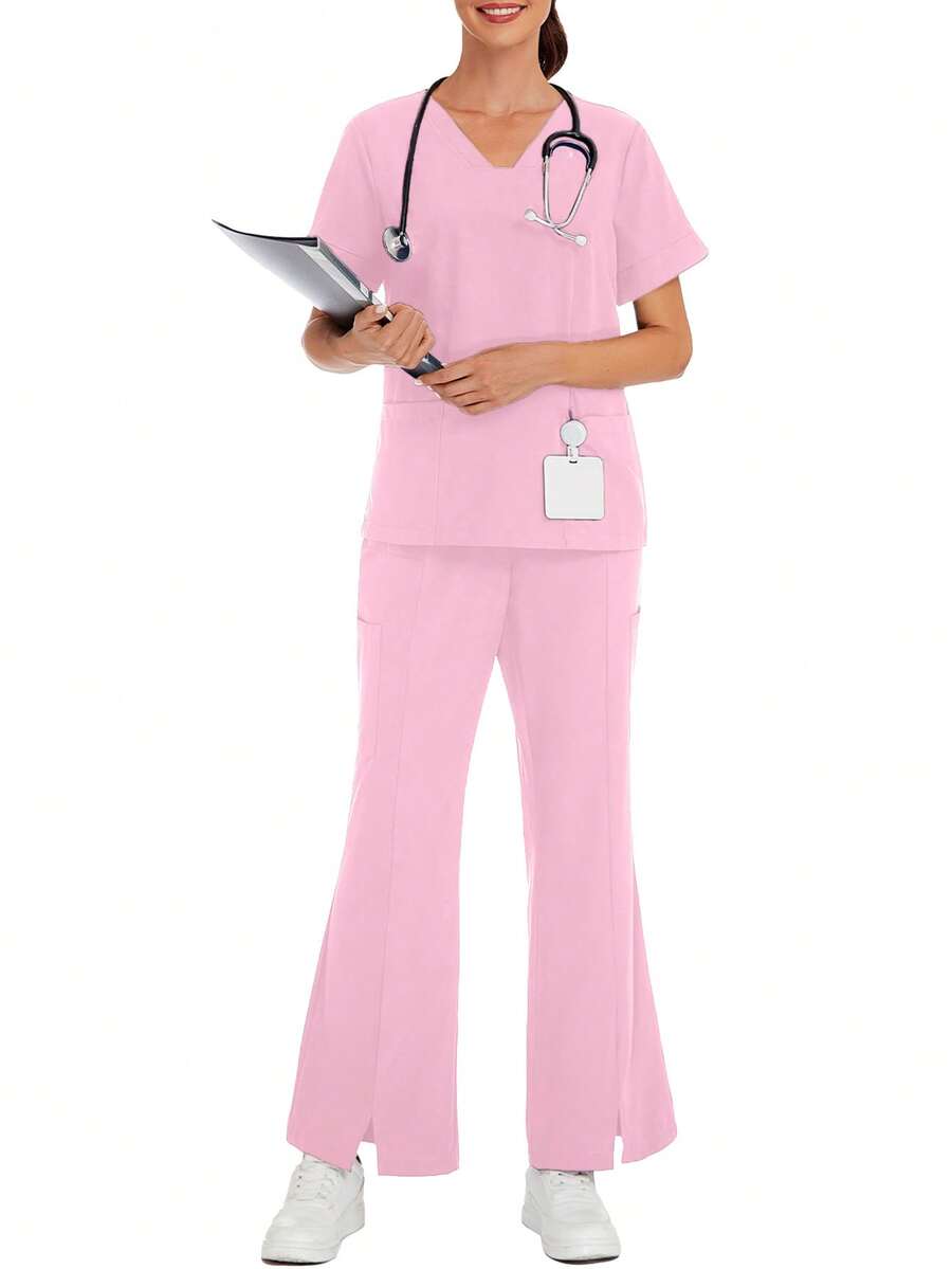 1 Set Solid V-Neck Short Sleeve Top And Split Pants, Pocket Workwear Scrub Suit For Veterinary Hospital, Clinic, Private Care Pink Fall - Pink - View 1