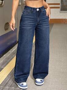 Teen Fashion Straight Leg Loose Casual Denim Jeans - Blue - View 3