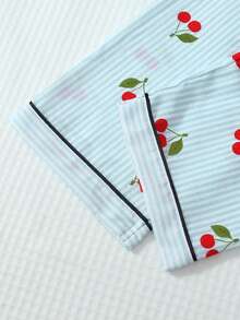 两件套条纹樱桃印花睡衣套装，甜美可爱的翻领纽扣长袖上衣和裤子，适合秋冬季居家穿着。 - 藍色 - 查看 7