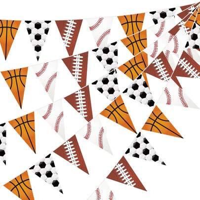 1/5pcs 49ft Sports Party Decorations Football Flag Banner Garland Pre-Assembled Basketball Pennant Flags, Suitable For Baseball, Football, Birthday Party, Sports Theme Decor