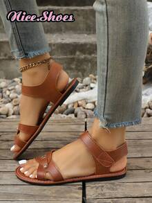 女士平底凉鞋，夏季罗马风露趾编织带无后跟凉鞋，舒适夏季鞋履，适合日常穿着，时尚露趾设计，透气性好，百搭休闲凉鞋，可搭配任何服饰。黑色凉鞋、白色凉鞋、棕色凉鞋 - 棕色 - 查看 4