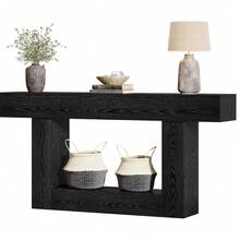 LITTLE TREE 160 Cm Farmhouse Console Table, 2-Tier Narrow Wooden Entryway Sofa Table With U-Shaped Base For Home - Black - View 10