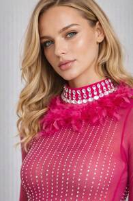 Women's Midi Sheath Dress, Sheer Top With Vertical Rhinestone Tulle, Long Sleeves, Glamorous Feathered Collar – Ideal For Chic Evenings, Cocktails, Clubs, Bars, Galas - Màu Hồng Tươi - Xem 4