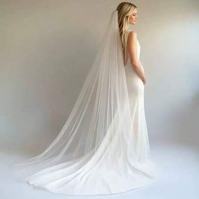 118 Inch Cathedral Length Bridal Veil, Sheer Chiffon Wedding Veil Accessory With Comb And Lovely Edging, Single Layer,Summer,Beach