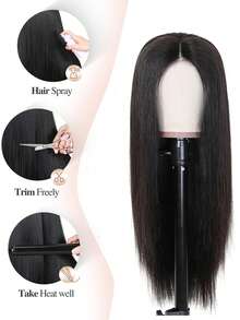 直发无胶假发，150%密度，直发蕾丝前假发，4x4预剪透明蕾丝闭合假发，即戴即走，女士自然黑 - Natural Black - 查看 4