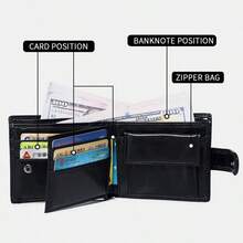 RFID Blocking Genuine Leather Wallet, Multifunctional Card Holder, Tri-Fold Wallet With Zipper Coin Pocket, Suitable For Men And Women - Black - View 7