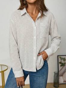 QIANZHIDU 女士宽松竖条纹长袖休闲办公商务风衣，优雅成熟，秋季衬衫，女士优雅衬衫，春季穿搭，女士派对衬衫，女士休闲衬衫，女士衬衫 - 格子 - 查看 6