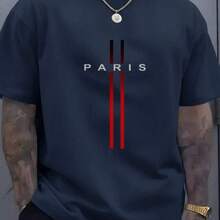 Camiseta Masculina Presente Para Ele Estampada Paris Tira Vermelha Casual Confortável Academia Treino Camisa Com Gola Redonda E Manga Curta - Azul Marinho - Visão 1