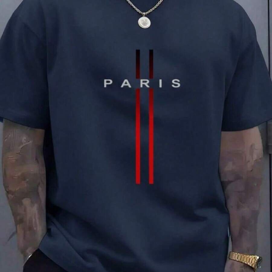 Camiseta Masculina Presente Para Ele Estampada Paris Tira Vermelha Casual Confortável Academia Treino Camisa Com Gola Redonda E Manga Curta - Azul Marinho - Visão 1