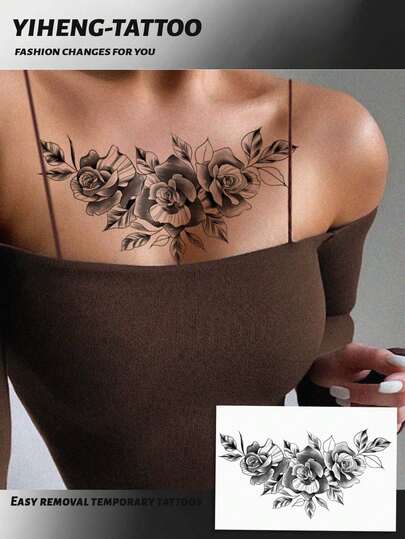 1pc Black & White Rose Tattoo Design Temporary Tattoo, Multipurpose Unisex One-Time Use Tattoo Sticker, & Easy To Apply/Remove, Daily/Travel/Beach Body Art Decor Sticker DIY Gift