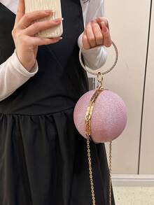 New Luxury Rhinestone Embellished Round Handbag, Chain Strap Messenger Bag, Glamorous Evening Clutch - Pink - View 6