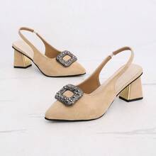 Women's Suede Crystal Square Buckle Open Back Chunky Heel Sandals, Pointed Toe Slip-On Elegant French Style Mules For Spring & Summer - Apricot - View 7