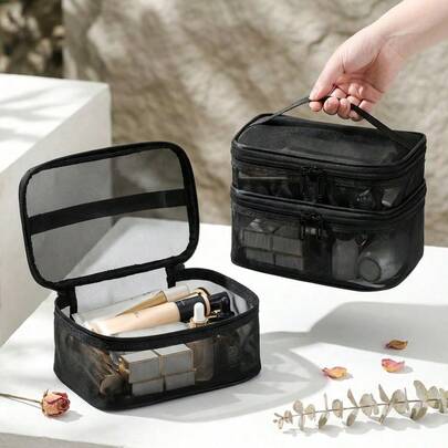 大容量网眼化妆包，双层旅行洗漱包，便携式工具收纳盒夏季旅行，假期浴室装饰化妆品收纳盒浴室配件返校