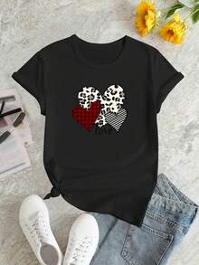 Oversize Women's Casual Short Sleeve T-Shirt - Leopard Print Plaid Striped Heart Pattern, Round Neck Spring Summer Top, Machine Washable Gift For Mom Girlfriend, Fashion Print T-Shirt, Comfortable Fit - 預設2 - 查看 3
