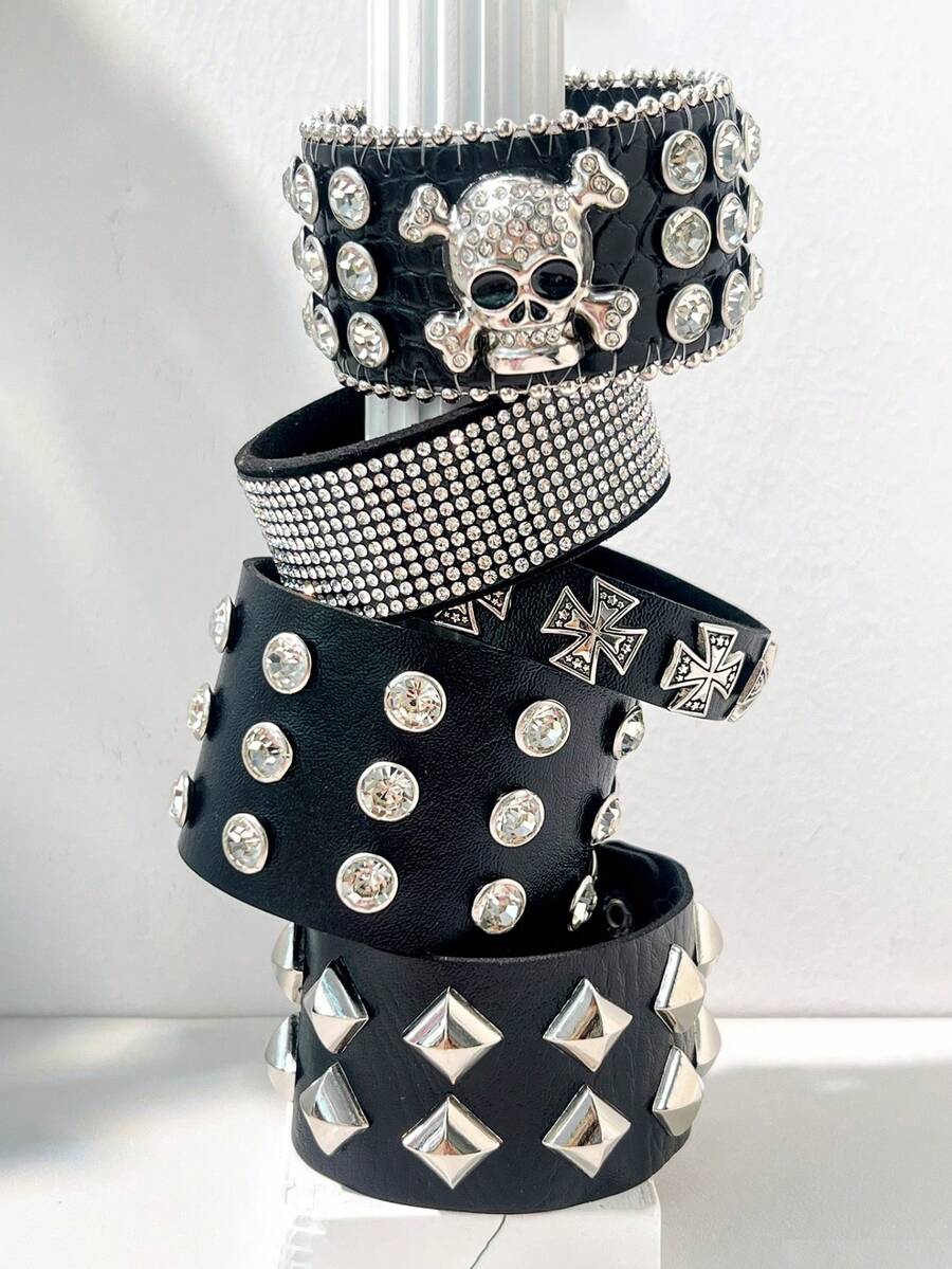 1 pieza Brazalete de estilo punk gótico mixto con diseño de broche abierto y detalle de cruz con strass - Multicolor - Ver 1