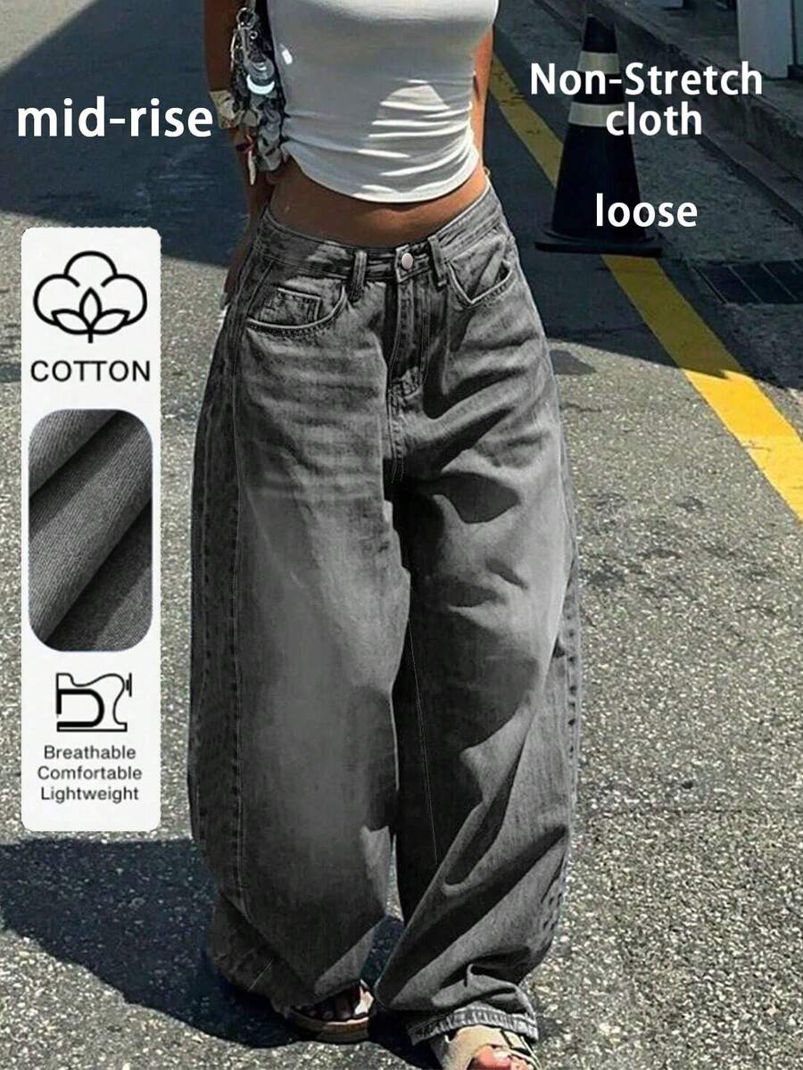 女士休闲宽松直筒牛仔裤，带口袋，百搭美式街头风，春季必备 - 淺灰色 - 查看 1