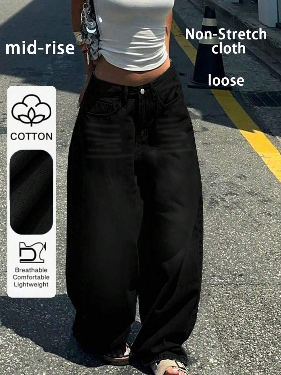 Casual American Street Style Minimalist Daily Commute Versatile Women Jeans Spring Black - Black - View 1