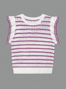 Women's Crochet Striped Knit Sleeveless Top, Lightweight Round Neck Ruffle Hem Short Sleeve Blouse Pink Summer - Pink - View 6