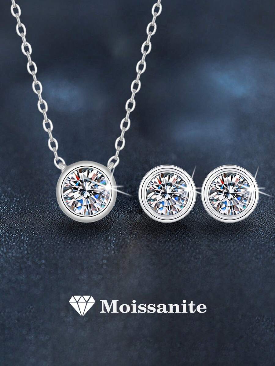 3件套优雅925银项链（5.0毫米 x 1条）、耳环（5.0毫米 x 2对）、1.5克拉莫桑石耳环项链套装，适合女性日常佩戴、参加派对、作为母亲节礼物、结婚纪念日礼物。 - 銀色 - 查看 1