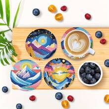 8件套太阳钻石画杯垫套装，圆形闪亮钻石表面，强力背胶，工具齐全，适合初学者，减压手工，新年、情人节、圣诞节、教师节礼物，家居装饰杯垫，送给家人、朋友、女朋友、老师 - 彩色 - 查看 4