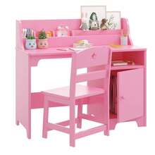 Juego de computadora y Silla para niños, computadora de Estudio para niños con Cabina, gabinete de Almacenamiento, Mesa Estudio de Madera para niños, computadora de Escritura para. - Rosa - Ver 7