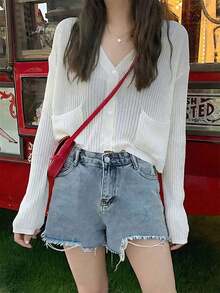 Women's Loose Cropped Cover Up, Long Sleeve Open Front Knit Sweater, Lightweight Spring/Summer Outerwear White - 白色 - 查看 1