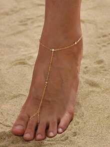 1件S925纯银镀14K金极简圆形锆石珠脚链，时尚个性沙滩脚链，女士饰品 - 金色 - 查看 1