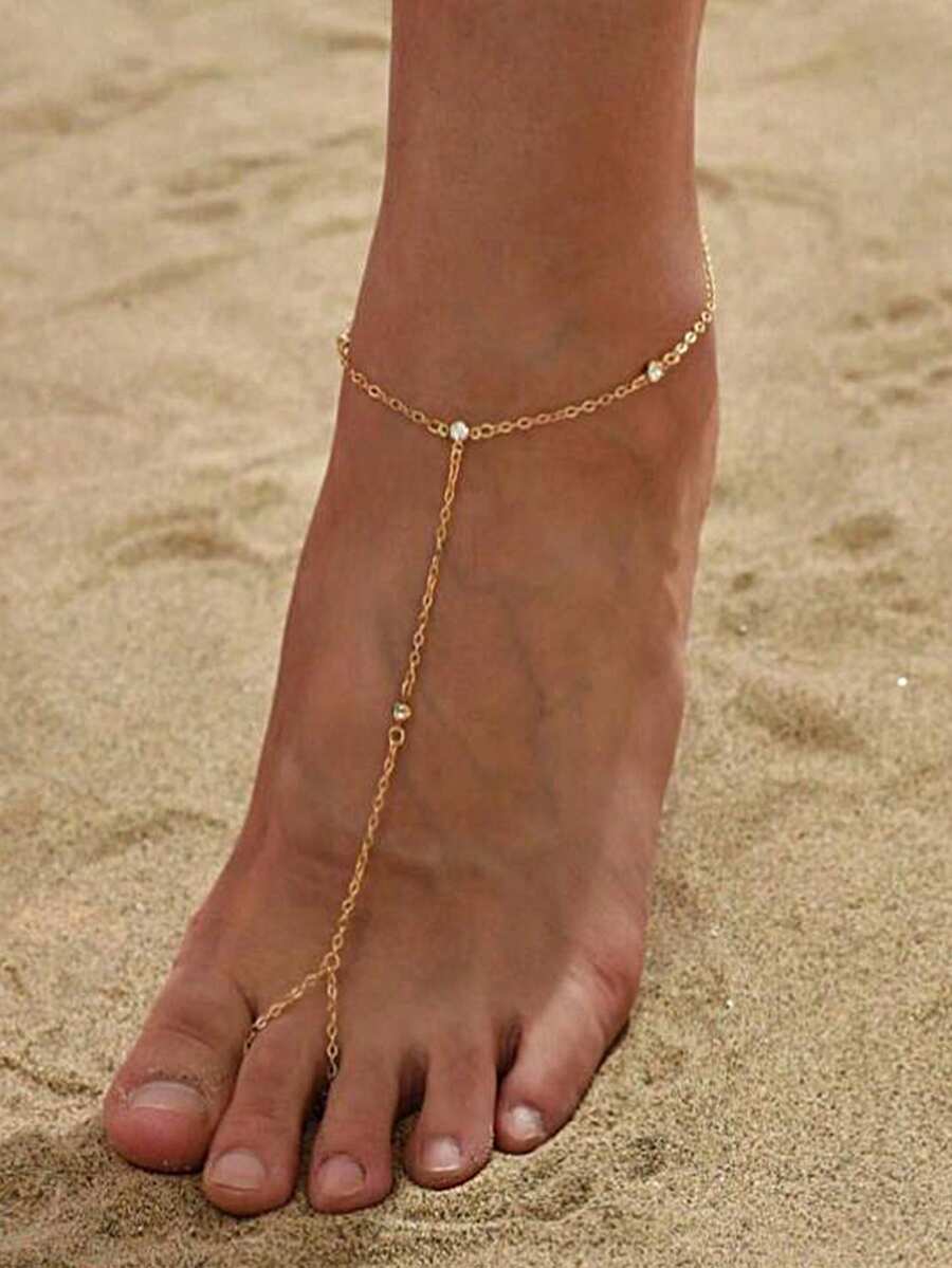 1件S925纯银镀14K金极简圆形锆石珠脚链，时尚个性沙滩脚链，女士饰品 - 金色 - 查看 1