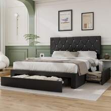 VECELO Modern Faux Leather Double Bed Frame With Storage Drawers, Adjustable Headboard, Tufted Platform Upholstered Bed - Black - View 8