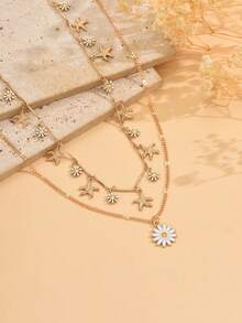 两件套女孩甜美雏菊吊坠项链套装，可爱海滨风海星流苏饰品，适合日常佩戴、海滩约会、度假旅行。项链长度可定制，海星和花朵数量可能有所不同。 - 彩色 - 查看 3