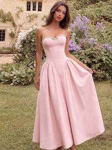 优雅奢华手工串珠心形领高腰露背系带A字中长款派对礼服，适合舞会、生日派对、正式晚宴、约会、返校节、婚礼宾客、正式晚宴、家庭聚会等多种场合。 - 淺粉色 - 查看 2