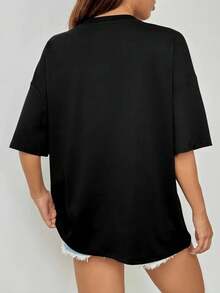 女款時尚休閒黑色 La Dolce Vita 印花 T-shirt，短版常規袖，羅紋針織細節，舒適夏季街頭風圓領上衣，Y2K - 黑色. - 查看 2