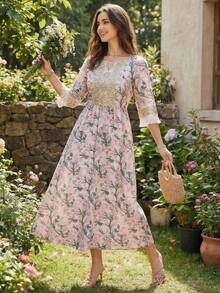 Elegant Arabian Floral Print Long Dress With Notched Ruffle Neck Three Quarter Regular Sleeves Fringe Detail And Appliques Woven Fabric - Multicolor - View 5